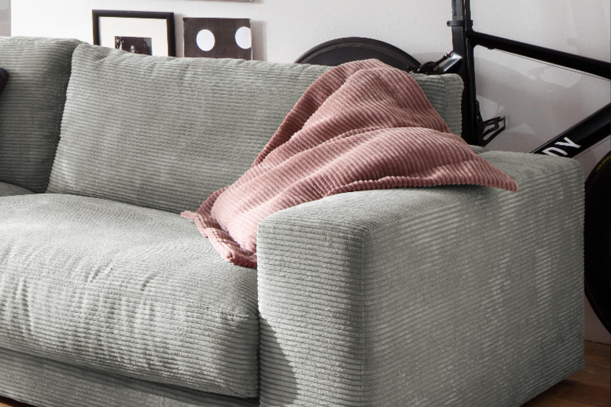 SOFA 3-SITZER MADELINE Hellgrau Cord - Hellgrau/Schwarz, Textil (290/85/127cm) - KAWOLA