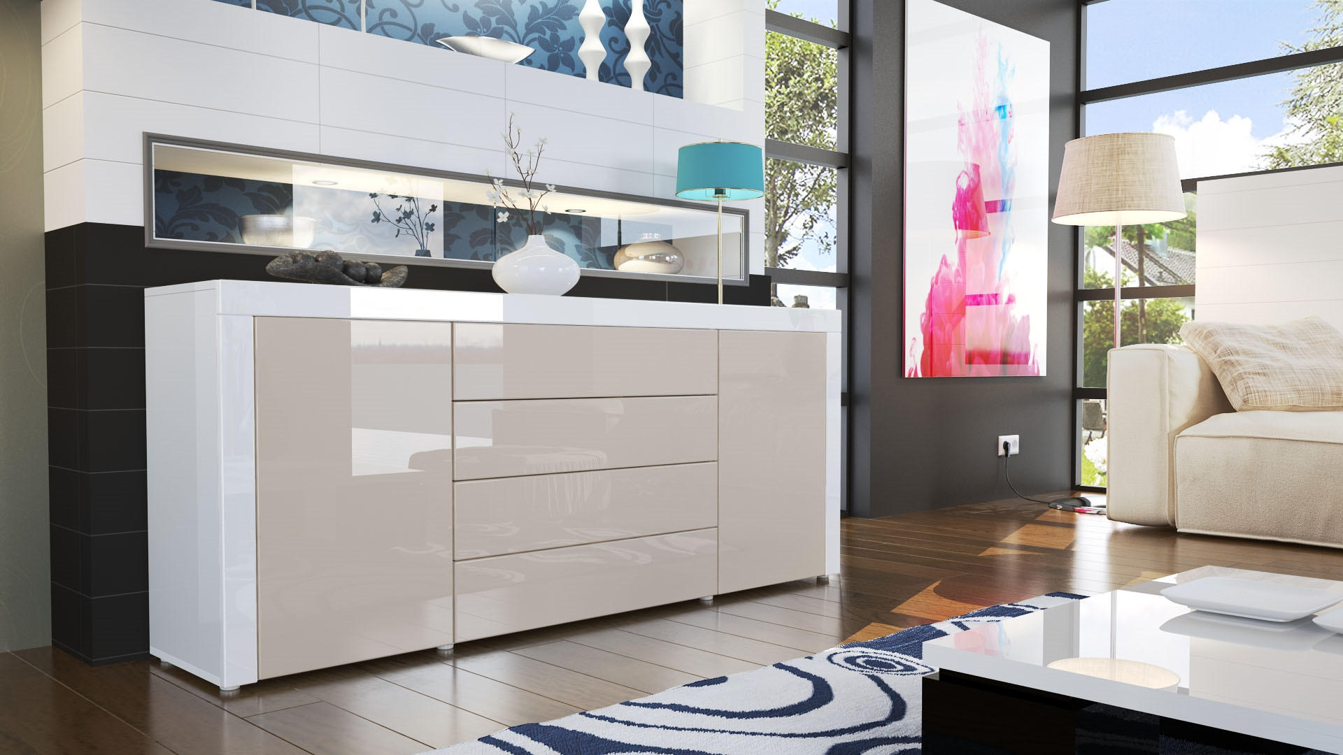 SIDEBOARD La Paz Sandgrau Hochglanz / Weiß Hochglanz - Sandfarben, Holzwerkstoff (167/72/35cm) - Vladon