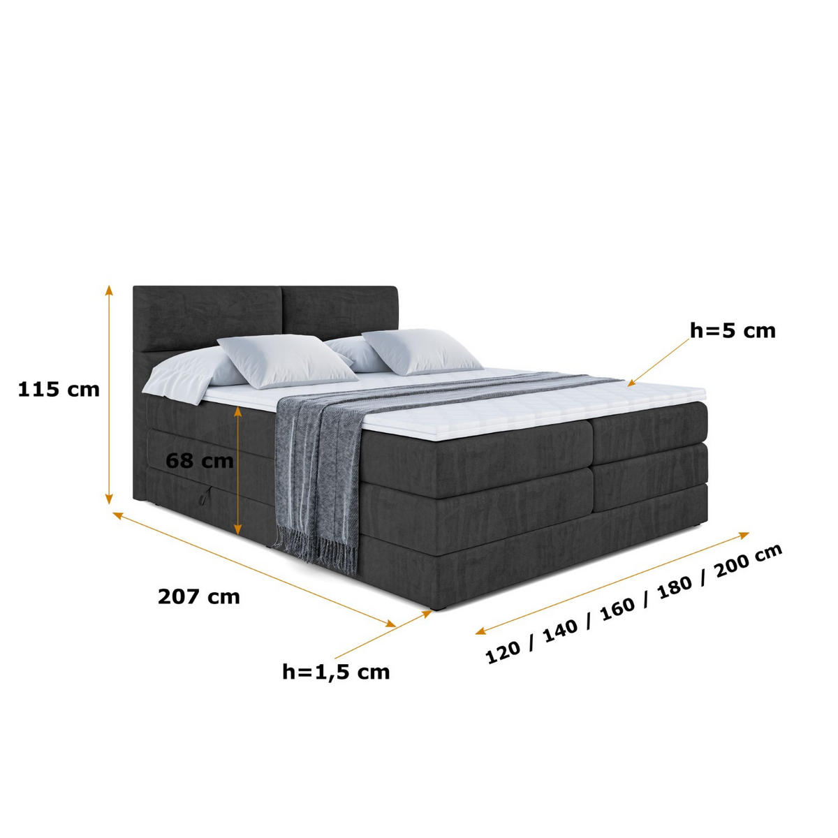 BOXSPRINGBETT BOXI3 KING - 140x200 - H3/H4 - Schwarz - Schwarz, Holzwerkstoff (140/200cm) - ALTDECOR