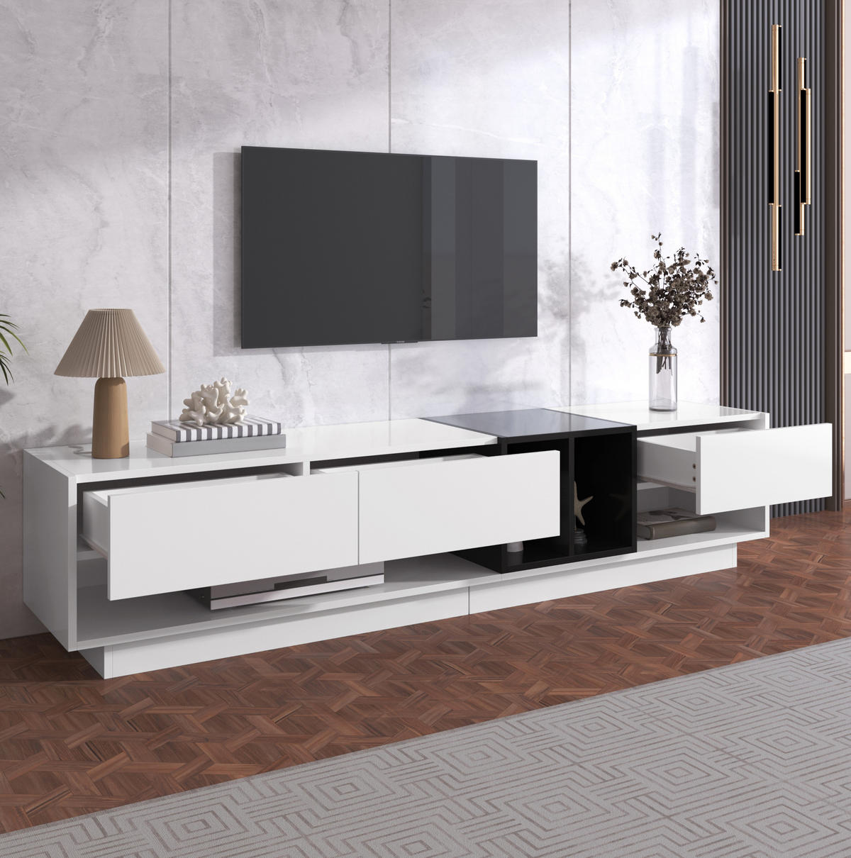 TV-ELEMENT mit 3 Schubladen 190 x 40 x 42 cm Hochglanz Weiß/Schwarz - Weiß, Holzwerkstoff (40/34/190cm) - Beauniv