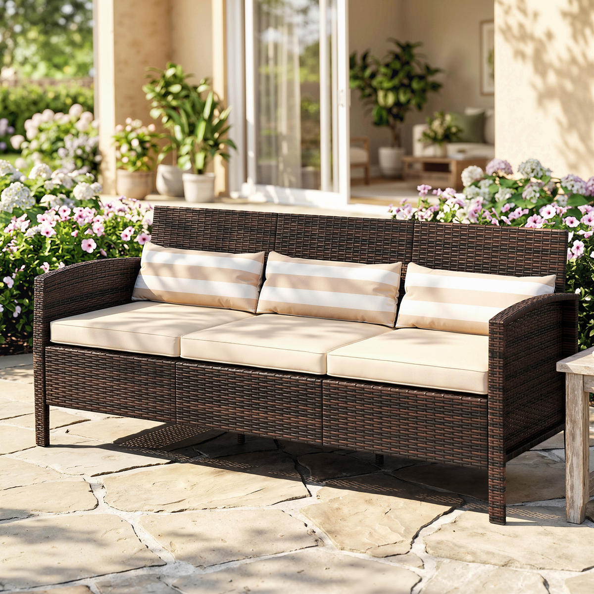 RATTAN Sofa mit Kissen, Dreisitzer, Garten Loungesofa, Stahl, Braun - Braun, Metall (68/78/173cm) - Outsunny