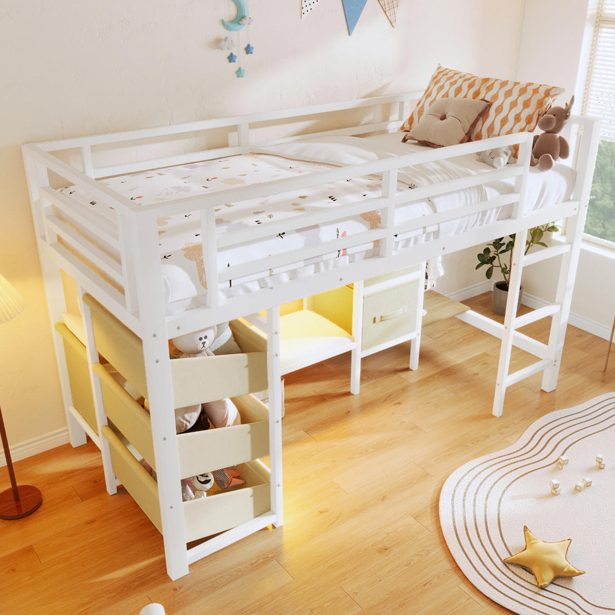 HALBHOHES BETT 90x200cm Weiß Metall LED-Licht Sitzkissen - Weiß, Metall (90/200cm) - FLIEKS