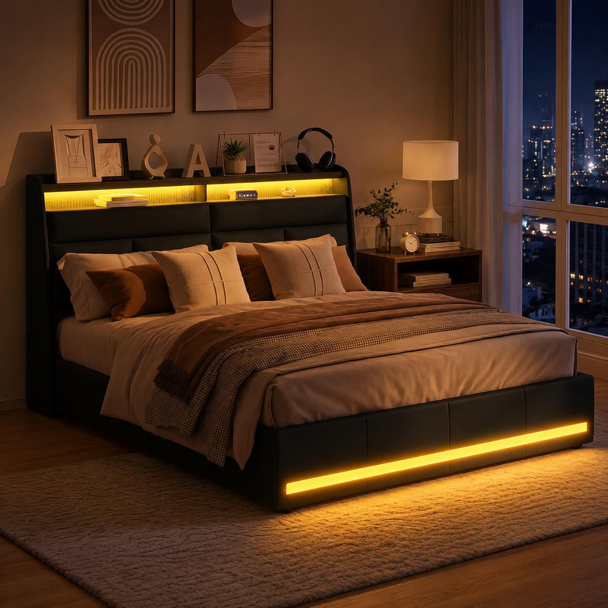 POLSTERBETT 140/200 cm mit Ablagekopfteil, RGB-LED-Beleuchtung am Kopfteil und am Fußende, Lederlook-Bezug - Schwarz, Holz/Metall (140/200cm) - Joyfair