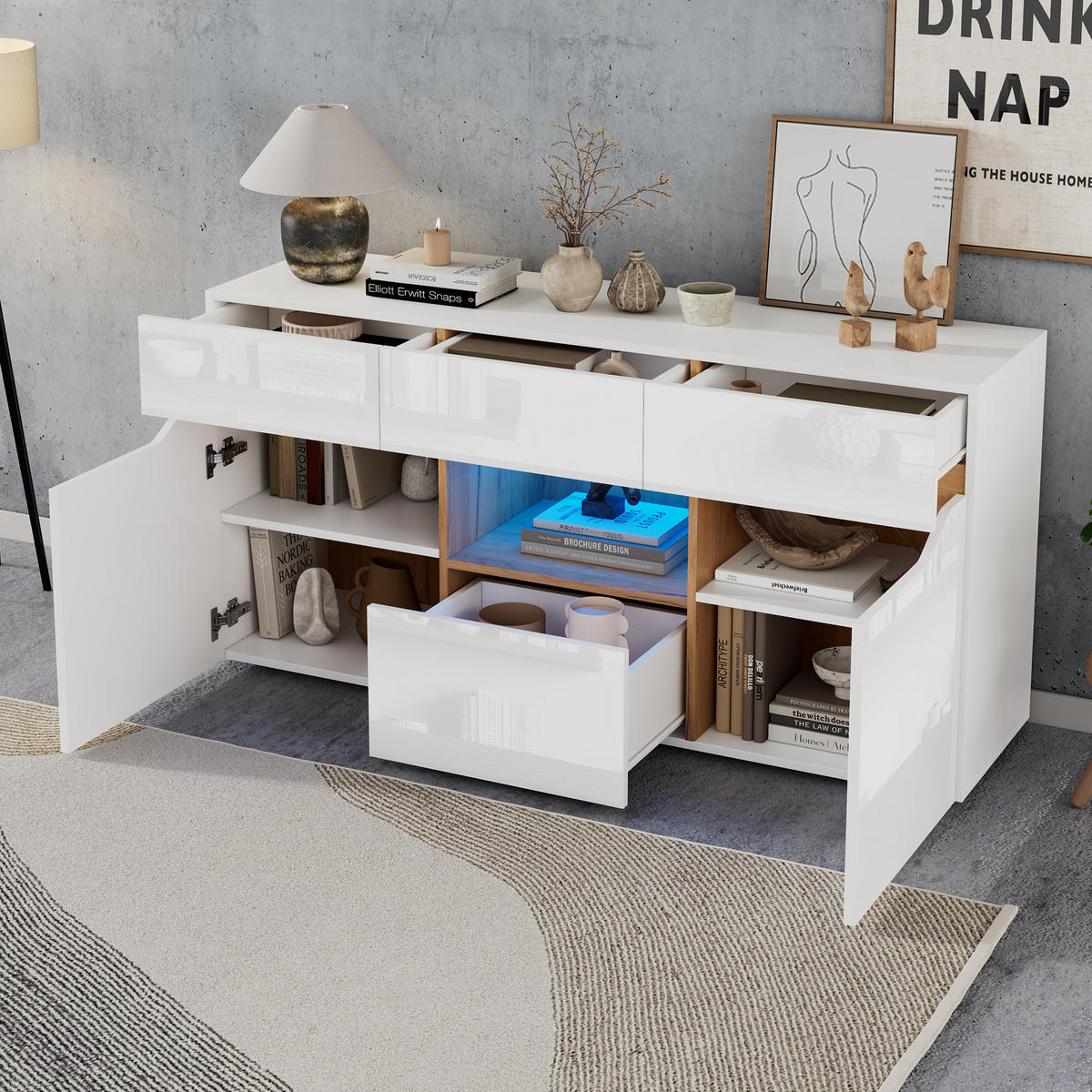 SIDEBOARD LED Weiß Holz 4 Schubladen 2 Fächer 140x40x70cm - Weiß, Holzwerkstoff (40/70/140cm) - FLIEKS
