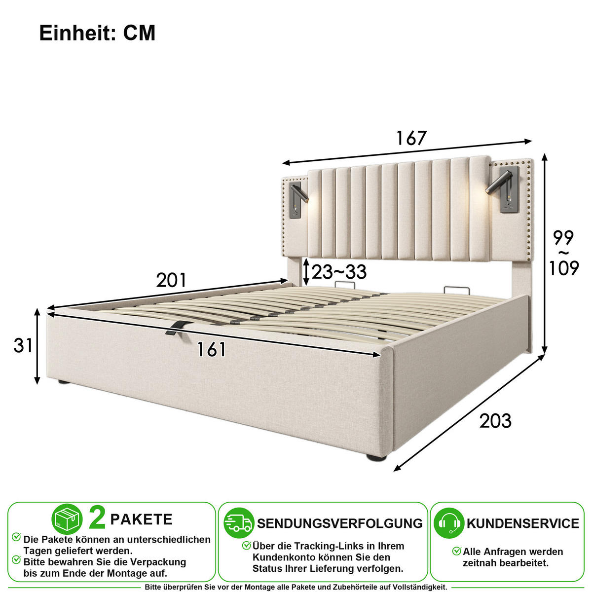 POLSTERBETT 160/200 cm in Beige mit Bettkasten, Leselicht und USB aus Baumwolle - Beige, Holzwerkstoff/Textil (160/200cm) - CHICFURN