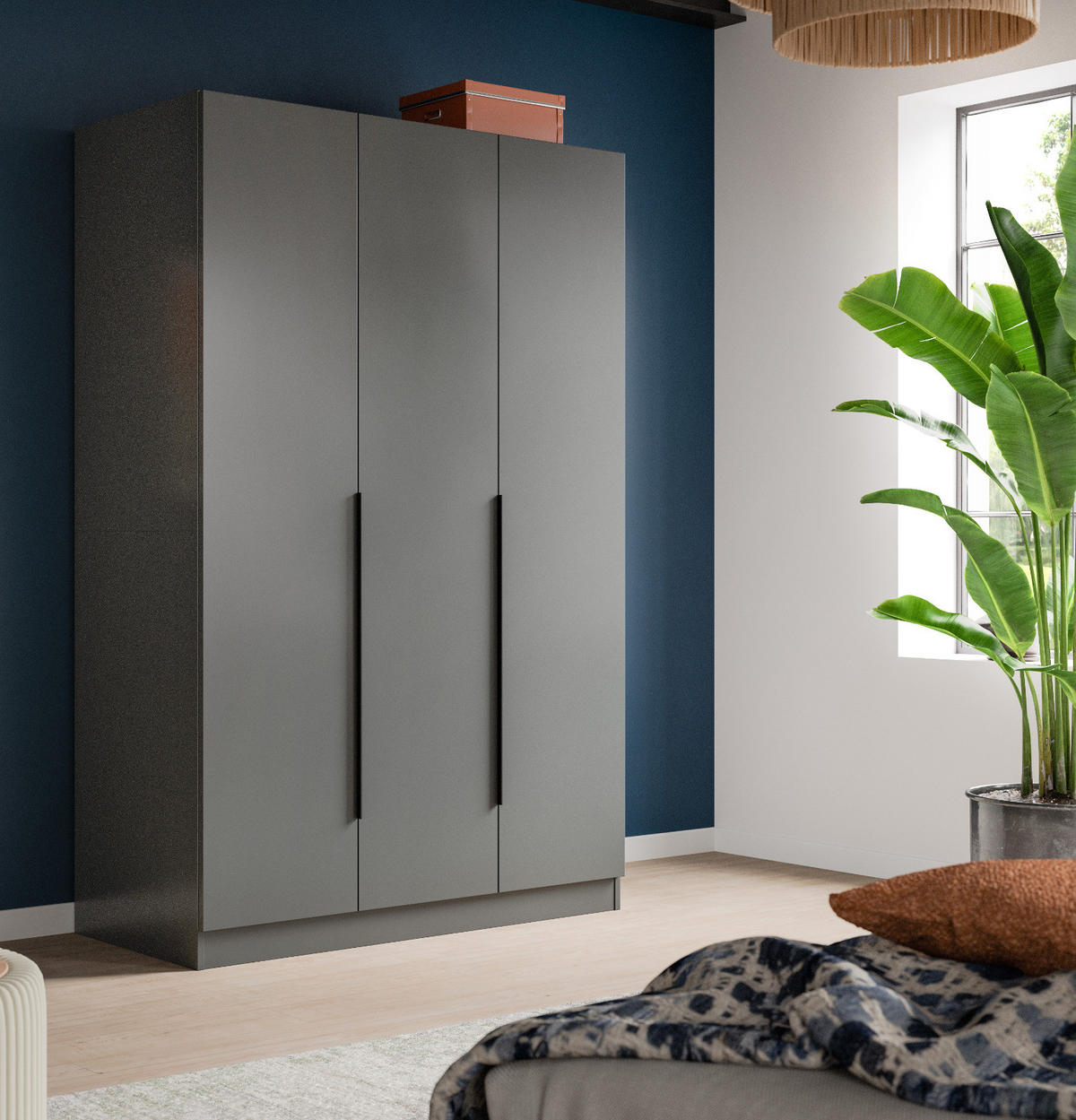 KLEIDERSCHRANK grau 3-türig 120 x 181 cm, Drehtürenschrank mit Kleiderstange - Schwarz/Grau, Holzwerkstoff/Kunststoff (120/181/52cm) - Inn.Furn