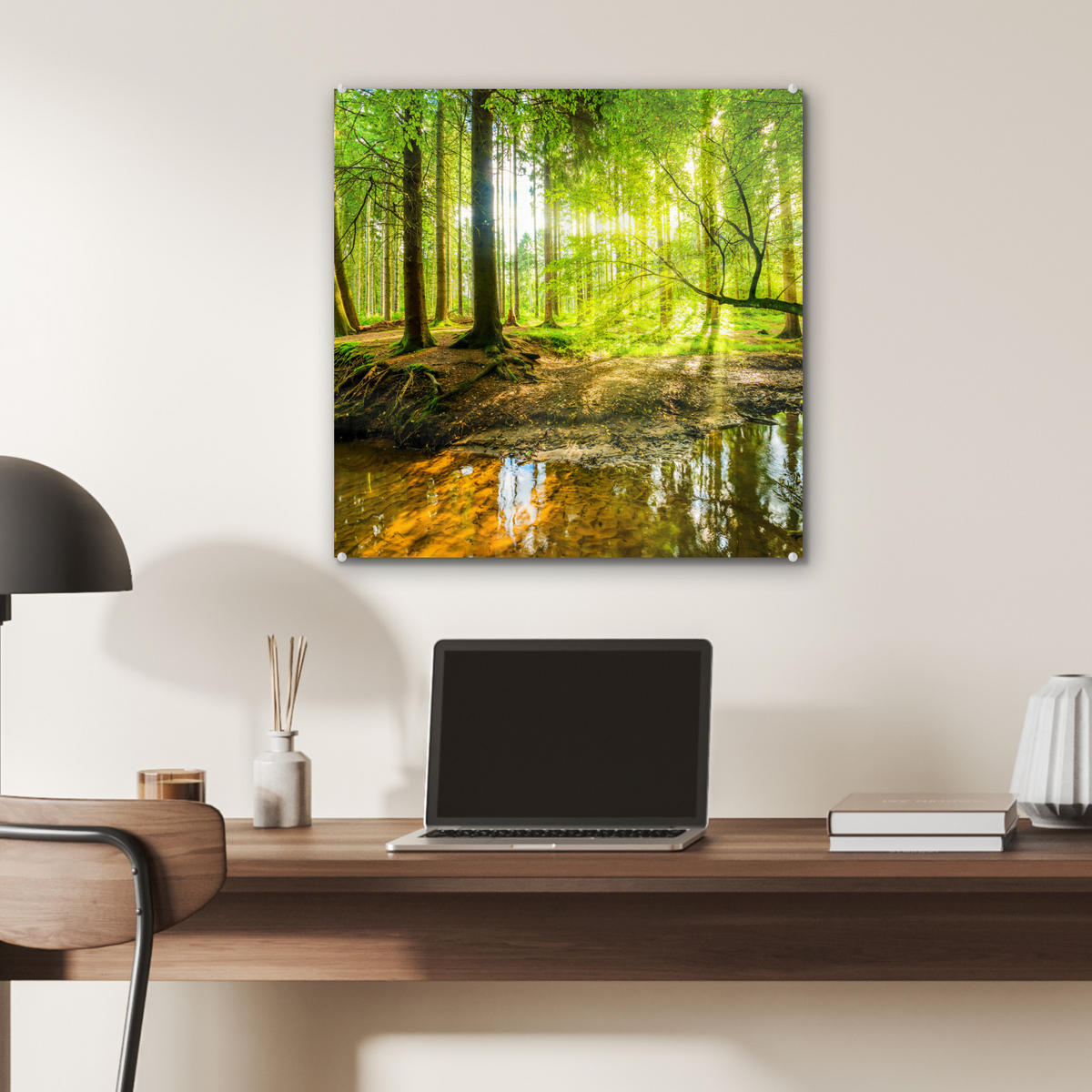 ACRYLGLASBILD Wald - Landschaft - Wasser - Bäume - Sonne - Grün - Natur 50x50 cm - Grün, Glas (50/50cm) - MuchoWow