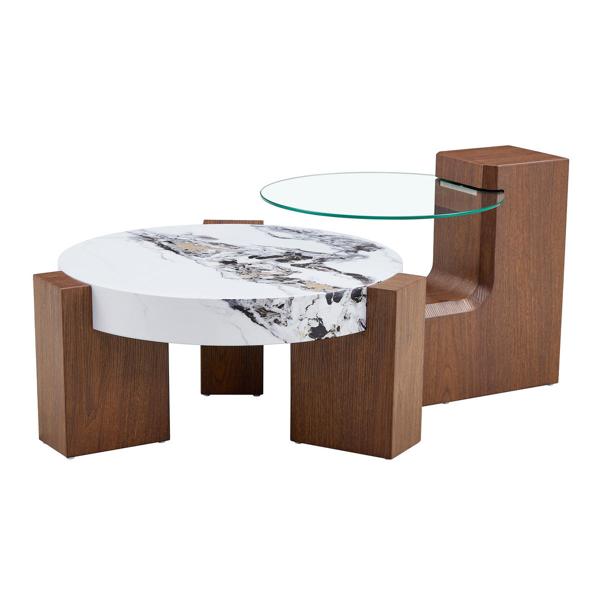 COUCHTISCH-SET 61/61/30 cm nussbaumfarben Weiß aus Holzwerkstoff Glas als 2-in-1 Satztisch - Nussbaumfarben, Holzwerkstoff (61/61/30cm) - OKWISH