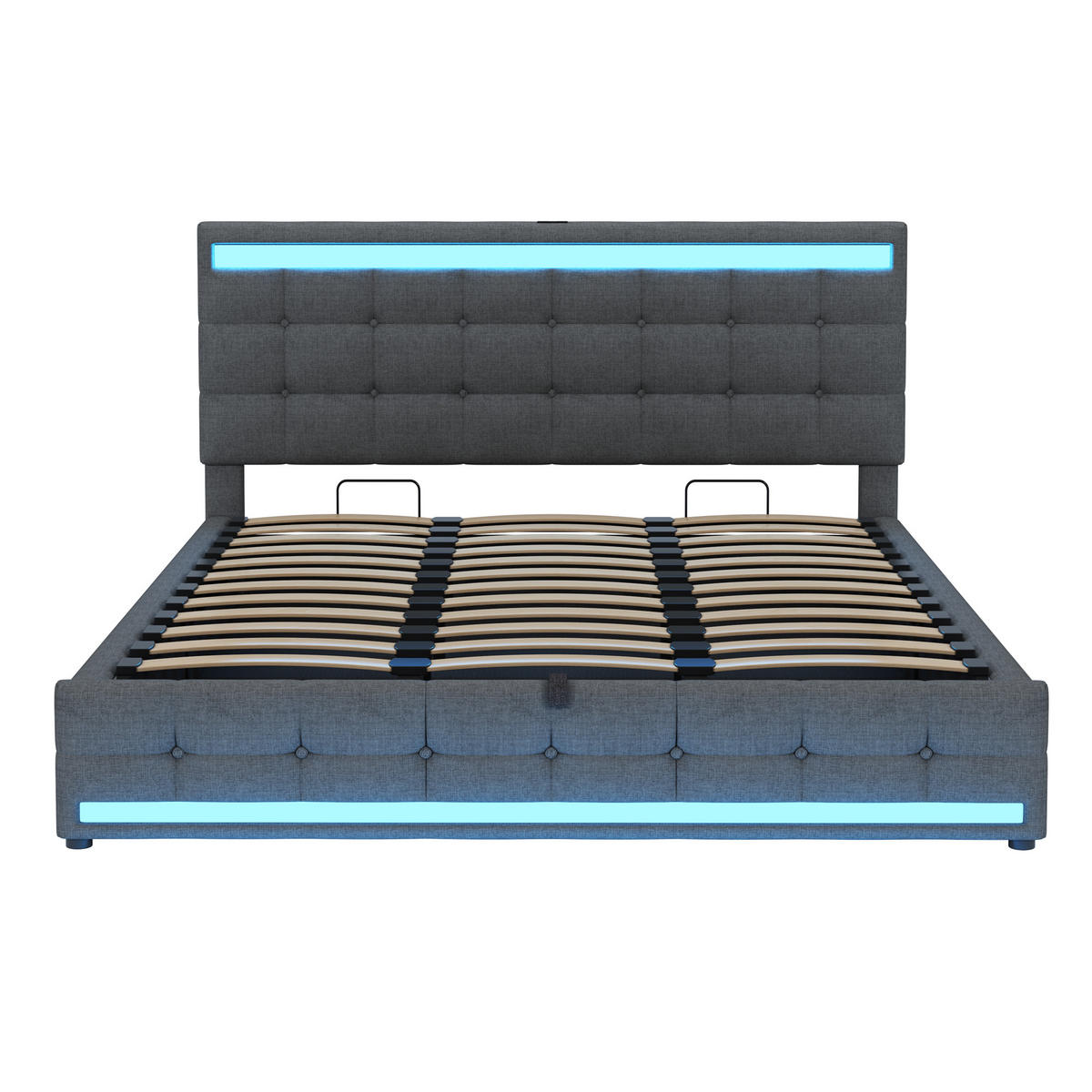 POLSTERBETT 180/200 cm in Grau Leinen mit LED und USB - Grau, Holzwerkstoff/Textil (180/200cm) - WISHDOR