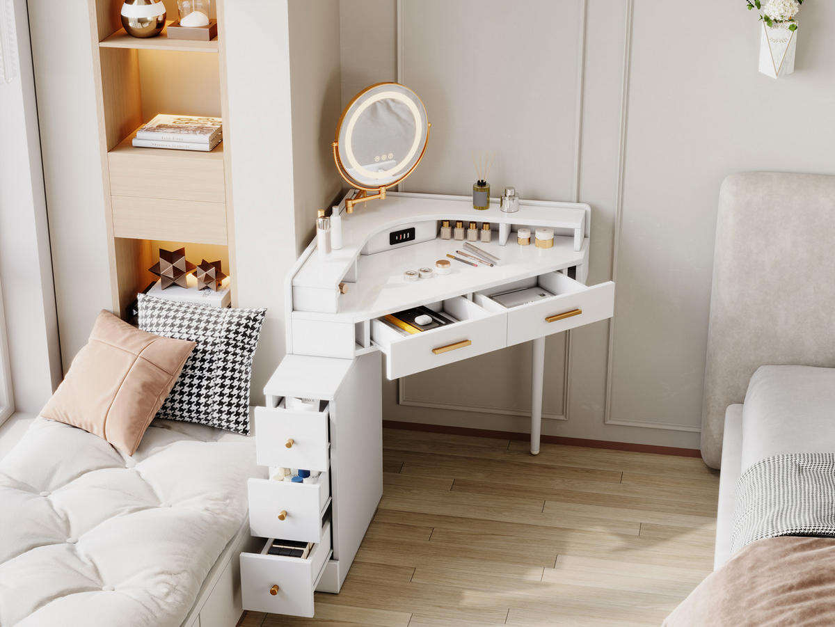 ECK-SCHMINKTISCH Weiß mit drehbarem LED-Spiegel (dimmbar), 5 Schubladen, USB & USB-C, moderner Frisiertisch, 105,5x75x120 cm - Weiß, Holz (75/120/105.5cm) - Ej. Life