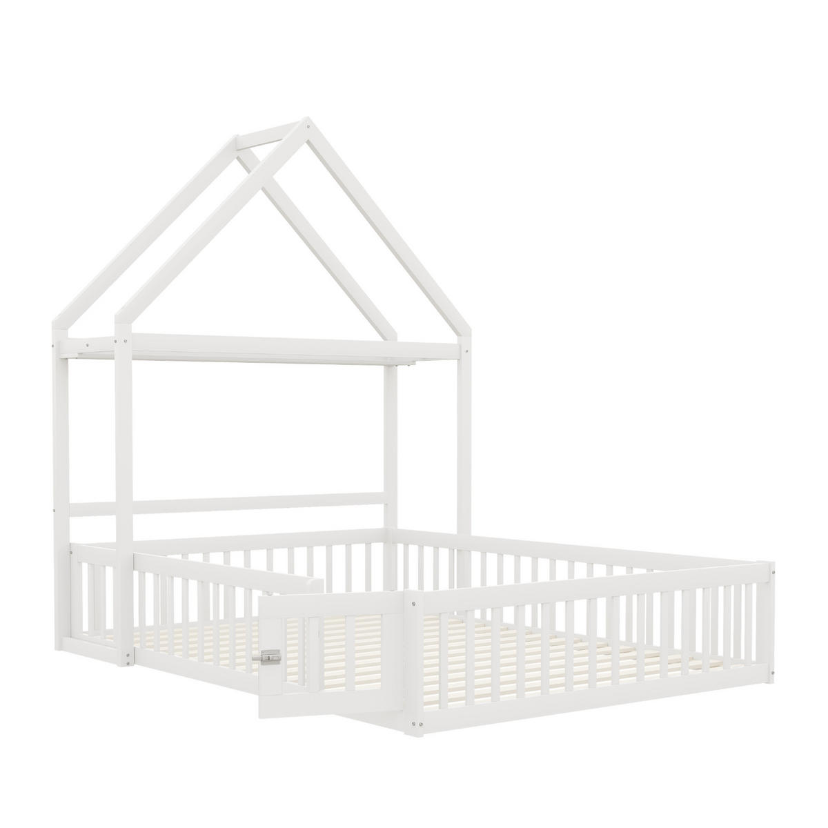 KINDERBETT 140/200 cm aus Holzwerkstoff mit Dach, Stauraum, Tür und Lattenrost, Weiß - Weiß, Holzwerkstoff (140/200cm) - Redom