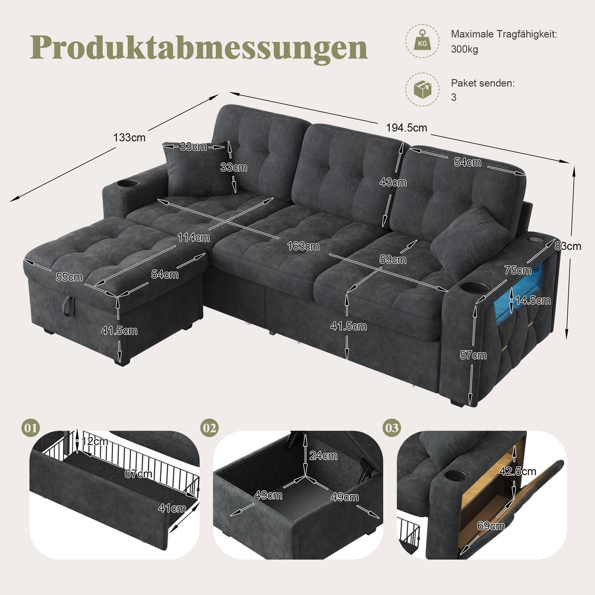 BIGSOFA mit Stauraum-Hocker, USB-C, LED und Becherhaltern aus Chenille - Schwarz, Textil (194.5/83/133cm) - EVRYAE