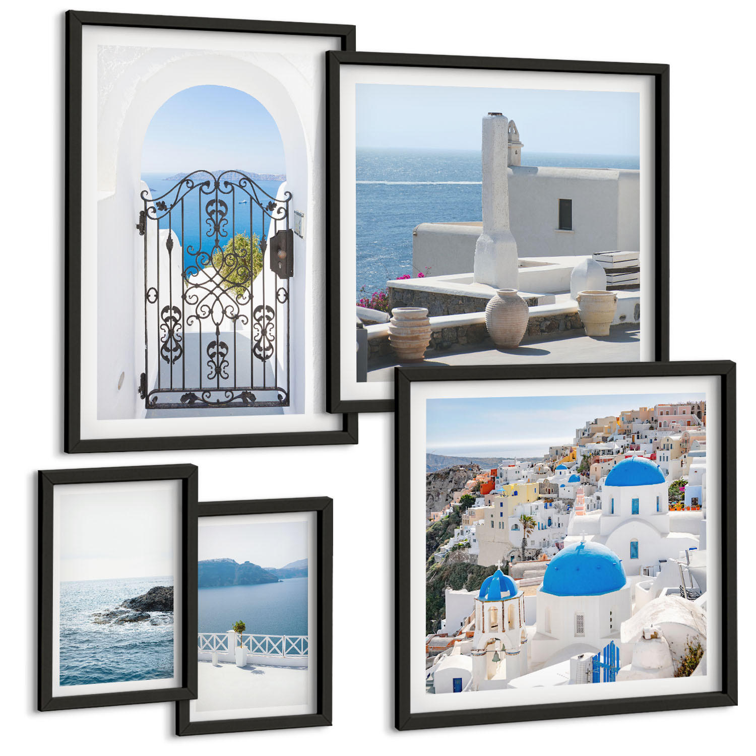 BILDER SET 5er Set - 50x50 cm & 20x30 cm & 40x60 cm Schwarzer Rahmen - Gebäude am Weißen Meer, Griechenland - Schwarz, Kunststoff (40/60cm) - TULUP