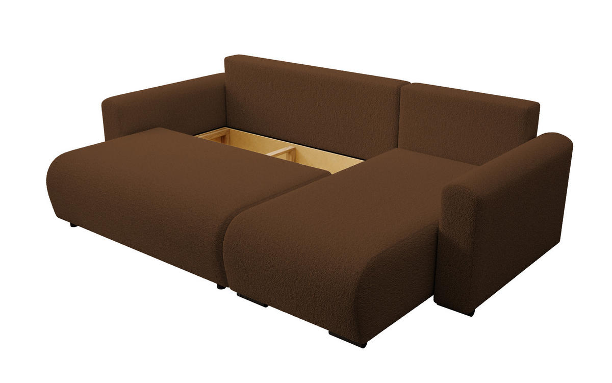 ECKSOFA DORA L, Eckcouch in L-Form mit Schlaffunktion und Bettkasten, Farbe: Braun, Bouclé-Stoff, Ottomane Rechts - Braun, Textil (240/143cm) - Storez24