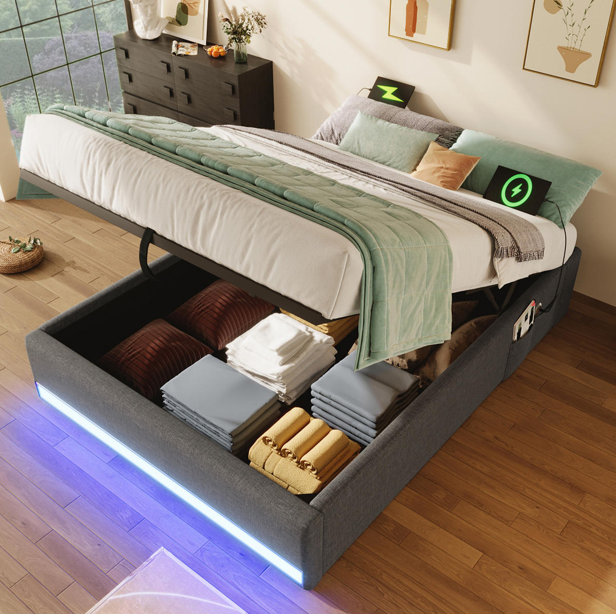 POLSTERBETT 90/200 cm Grau aus Leinen mit LED-Leiste - Grau, Textil (90/200cm) - OKMYHOME