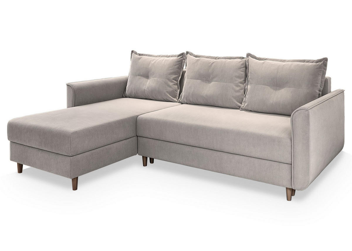 ECKSOFA PISAN R-S Beige Plüsch-Stoff mit Schlaffunktion - Beige, Holz (220/140cm) - MASSENO