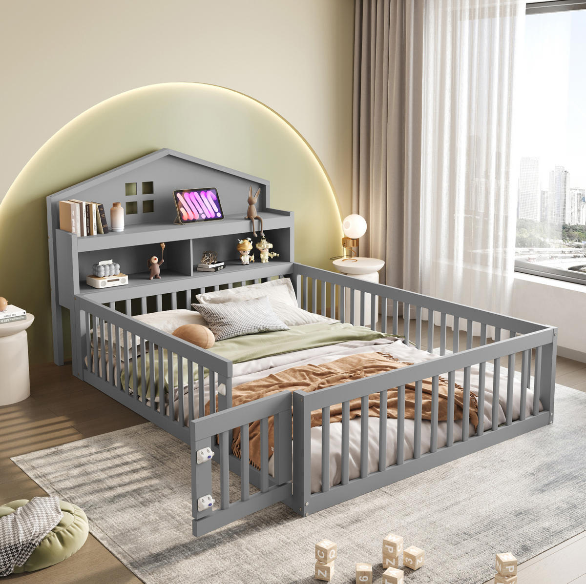 KINDERBETT 140/200 cm aus Massivholz mit Kreidetafel und Stauraum Grau - Grau, Holz (140/200cm) - Modenvie