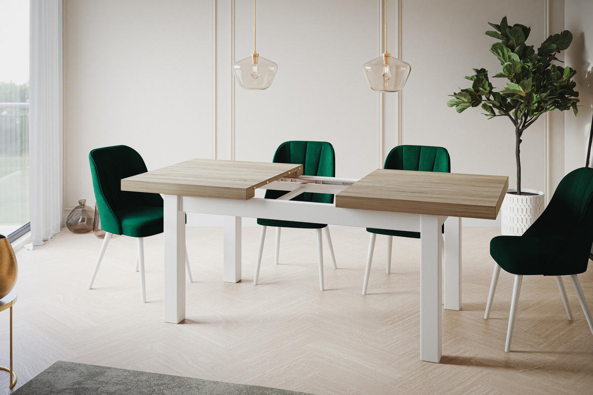 ESSZIMMERTISCH CLASSIC, ausziehbarer Tisch 120-160X80X78 cm, Farbe: SONOMA, mit Holzbeinen in Farbe Weiß - Weiß/Sonoma Eiche, Holzwerkstoff (120/80/78cm) - Alpi-Möbel