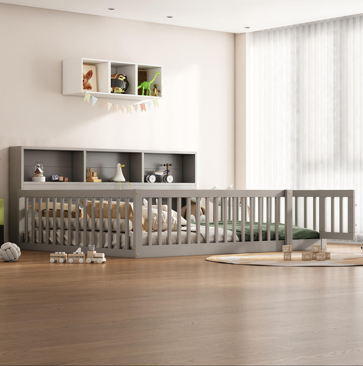 DENNÍ postel 140/200 cm šedá z borovice a MDF s úložným prostorem a zábradlím - šedá, dřevo (140/200cm) - OKWISH