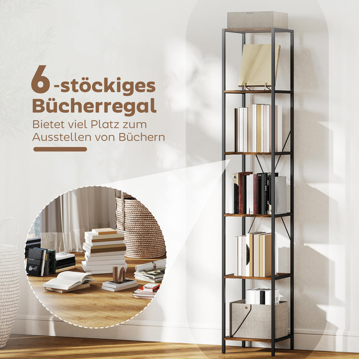 BÜCHERREGAL 2er-Set Regal mit 6 Ebenen Standregal mit Stahlrahmen Rustikal-Braun - Schwarz/Braun, Holzwerkstoff/Metall (30/174.5/30cm) - HOMCOM