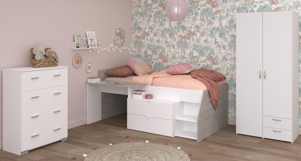KINDERZIMMER weiß, grau, Komplett-Set mit Stauraumbett, Kommode, Kleiderschrank - Silberfarben/Weiß, Holzwerkstoff/Kunststoff (135/185/203cm) - Parisot Meuble