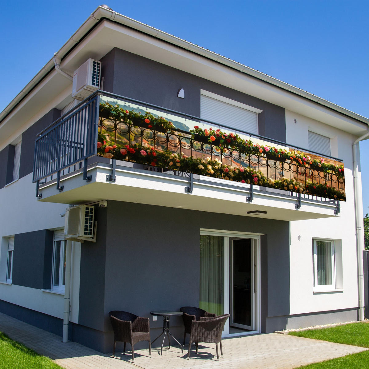 BALKON-SICHTSCHUTZ Blumen - Zaun - Stadtbild - Sommer - Pink, Kunststoff (500/95cm) - MuchoWow