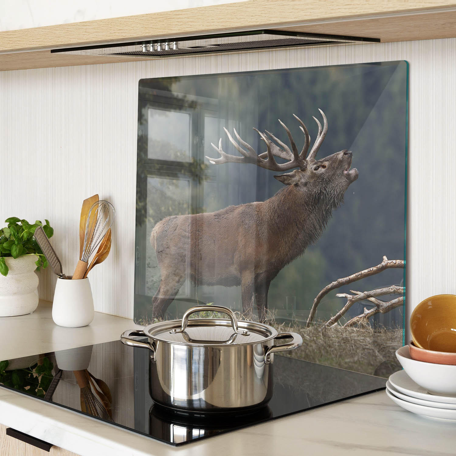 GLASPLATTE 60x52 cm Hirsch auf dem Hügel - Braun, Glas (60/0.4/52cm) - TULUP