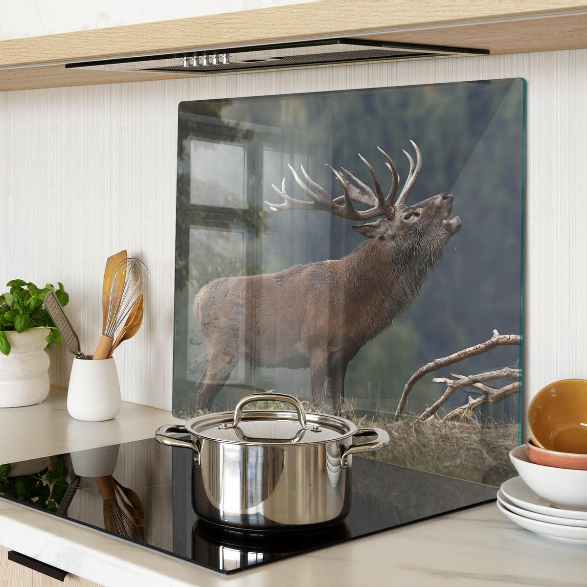 GLASPLATTE 60x52 cm Hirsch auf dem Hügel - Braun, Glas (60/0.4/52cm) - TULUP