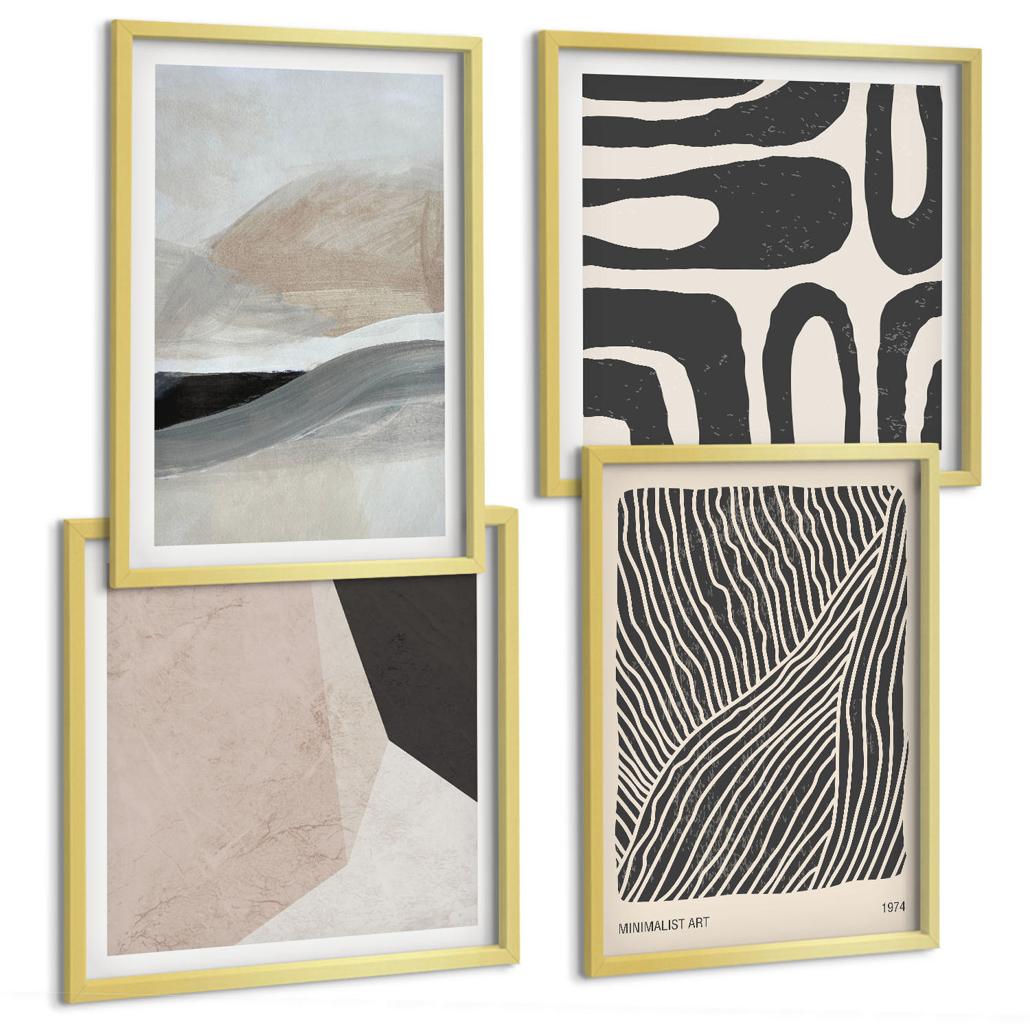 BILDER SET 4er Set - 50x50 cm & 40x60 cm Goldrahmen - Abstrakte Boho-Dekorationsmuster - Goldfarben, Kunststoff (50/50cm) - TULUP