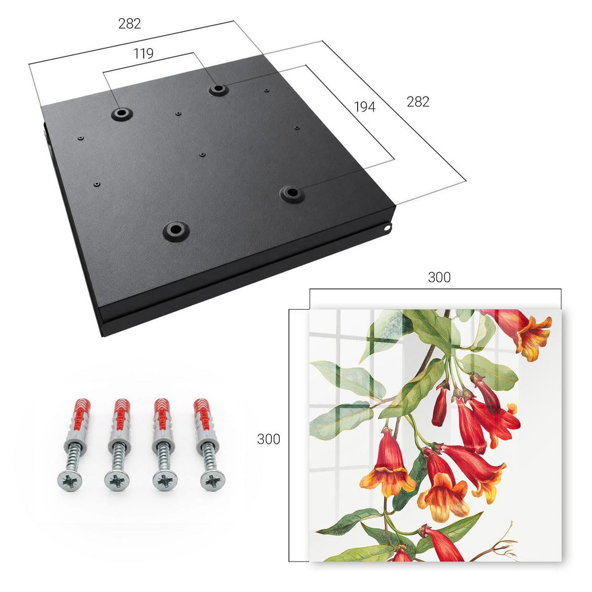 SCHLÜSSELBOX Schwarz 30x30 cm- Türöffnung nach rechts - Rote Blüten - Rot, Metall (30/30/5cm) - TULUP