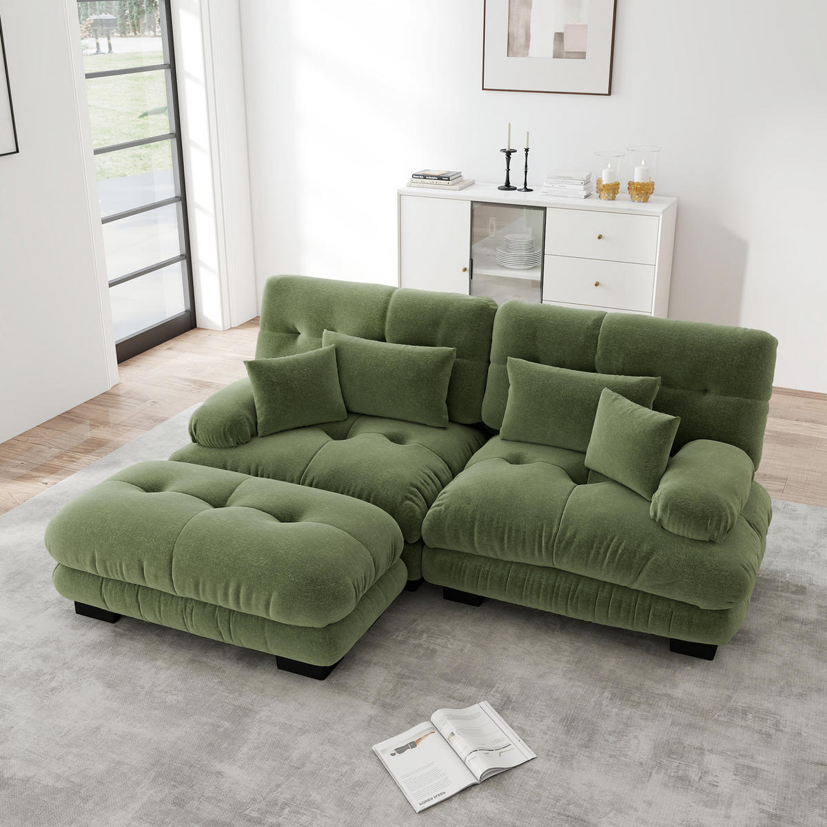 ECKSOFA aus Chenille 145x220x81 cm in Grün mit Ottomane & Kissen - Grün, Textil (145/81/220cm) - Modfu