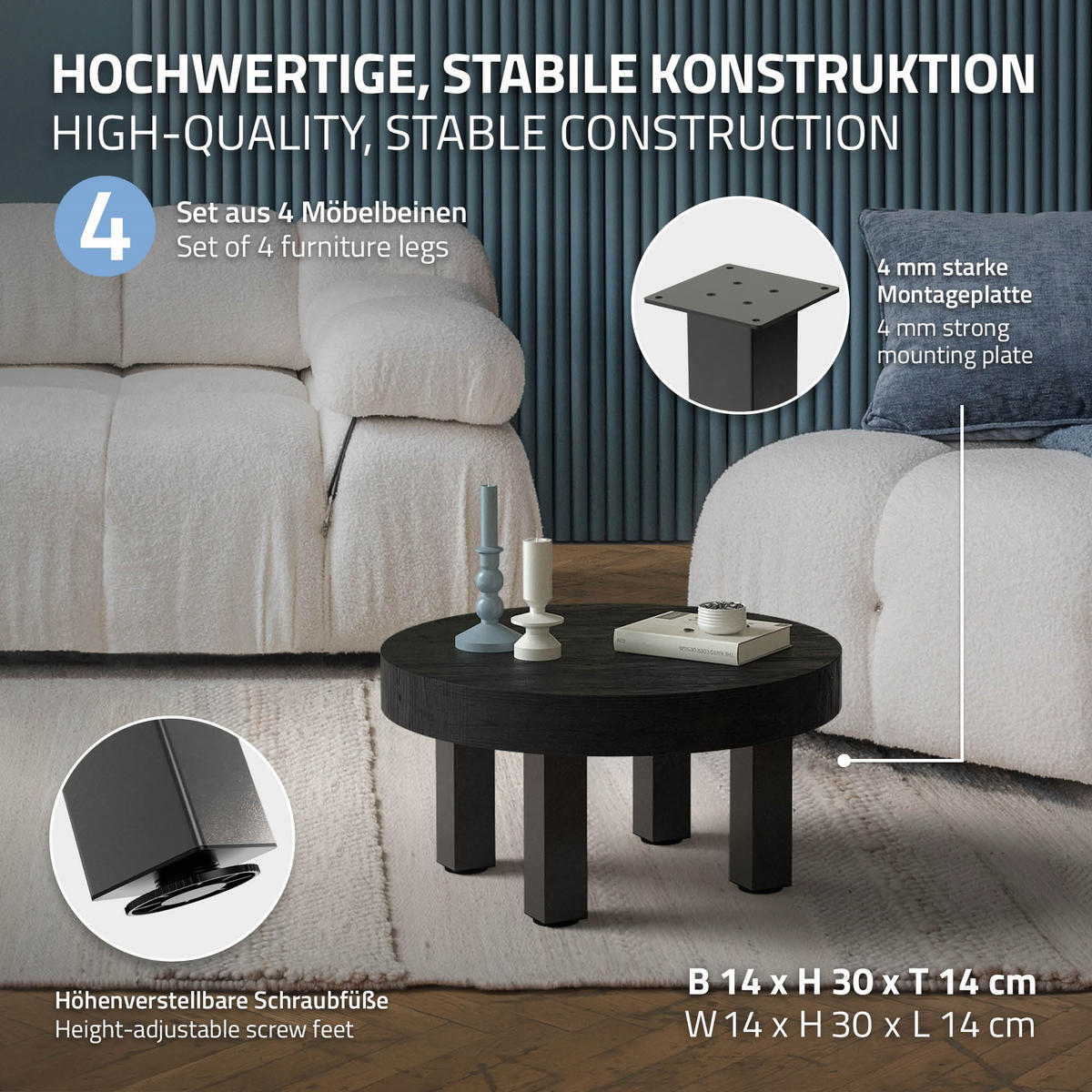 TISCHBEINE 4er Set I-Design H:30 cm Dunkelgrau 8x8 cm - Dunkelgrau, Metall (8/30/8cm) - ML-DESIGN