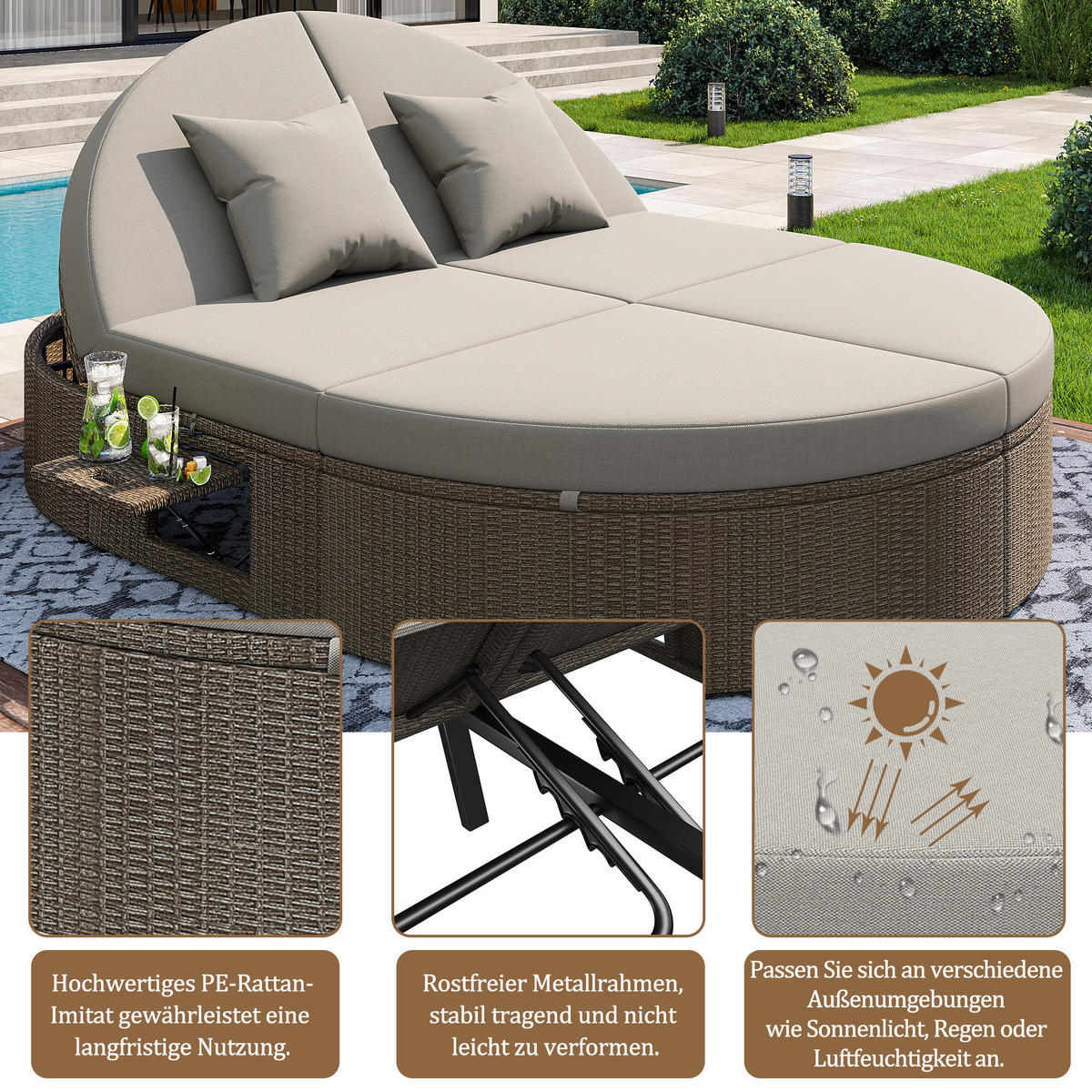 DOPPELLIEGE, 2 Personen, Verstellbar, Rattan, Klapptisch, Grau - Grau, Metall (140.5/41.9/199.9cm) - FLIEKS