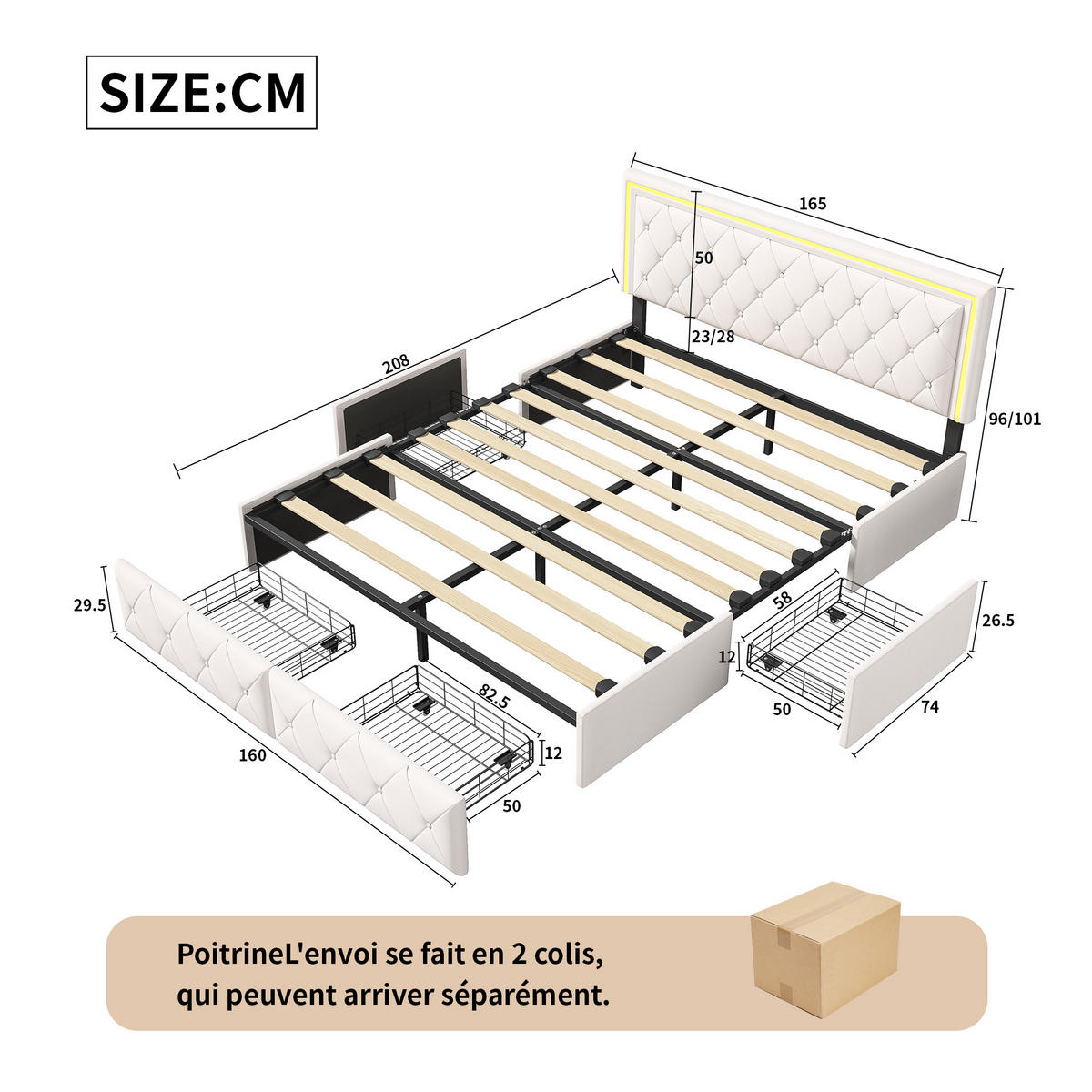 POLSTERBETT 160x200 cm, Weiß, LED-Beleuchtung - Weiß, Textil/Metall (160/200cm)