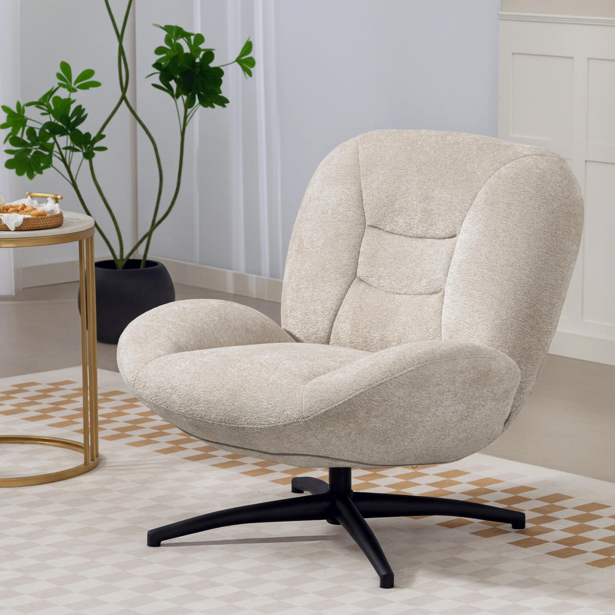 DREHBARER POLSTERSTUHL DE-06900 mit PP-Baumwollfüllung und Stahlbasis Cremeweiß - Creme, Textil/Metall (83/85/89cm) - ComfortXL