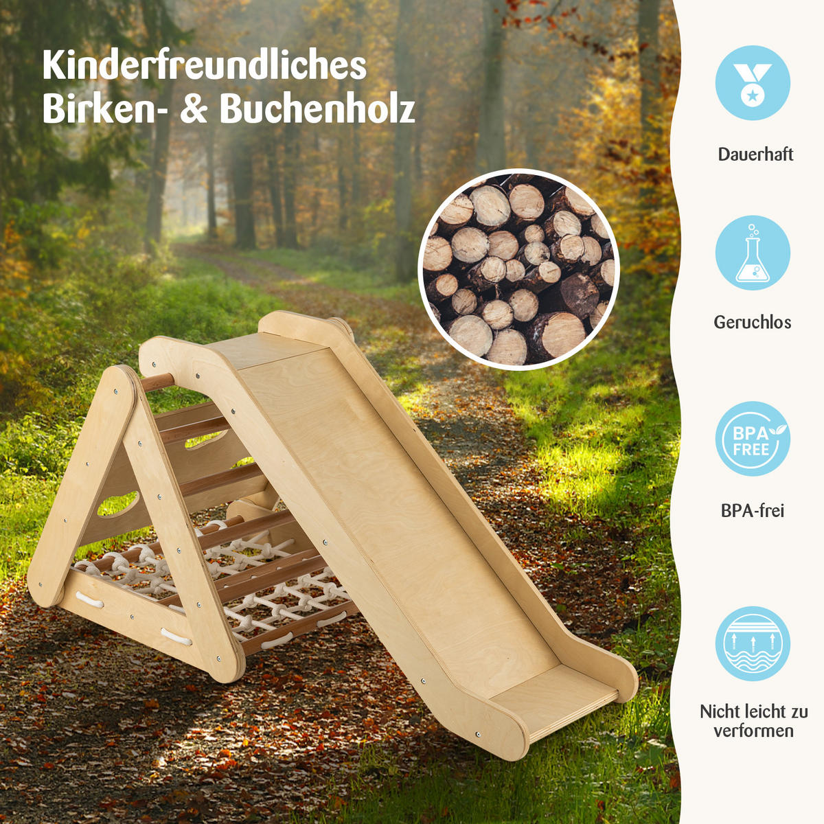 KLÄTTERDREIECK 4 i 1 trä - Naturfärgad, Trä (64/58/63cm) - COSTWAY