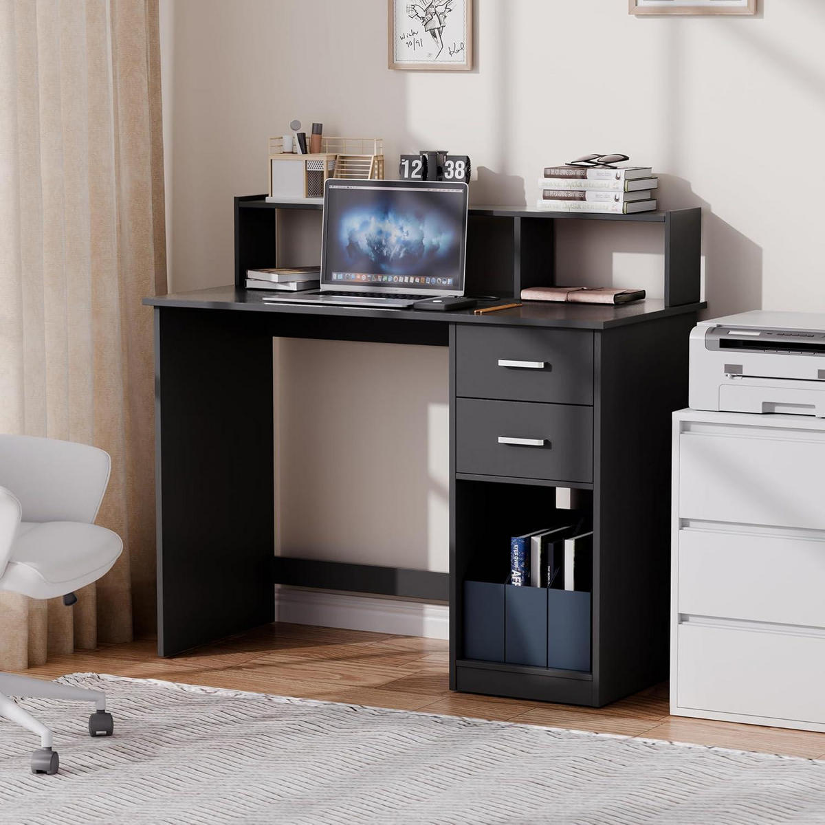 SCHREIBTISCH mit Schubladen und Regal 105 x 48 x 94 cm Schwarz - Schwarz, Holzwerkstoff (48/105/94cm)
