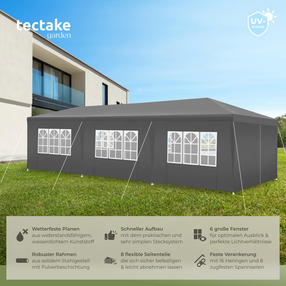 PAVILLON Miramas,wasserdicht,grau - Grau, Kunststoff (300/250/900cm) - tectake