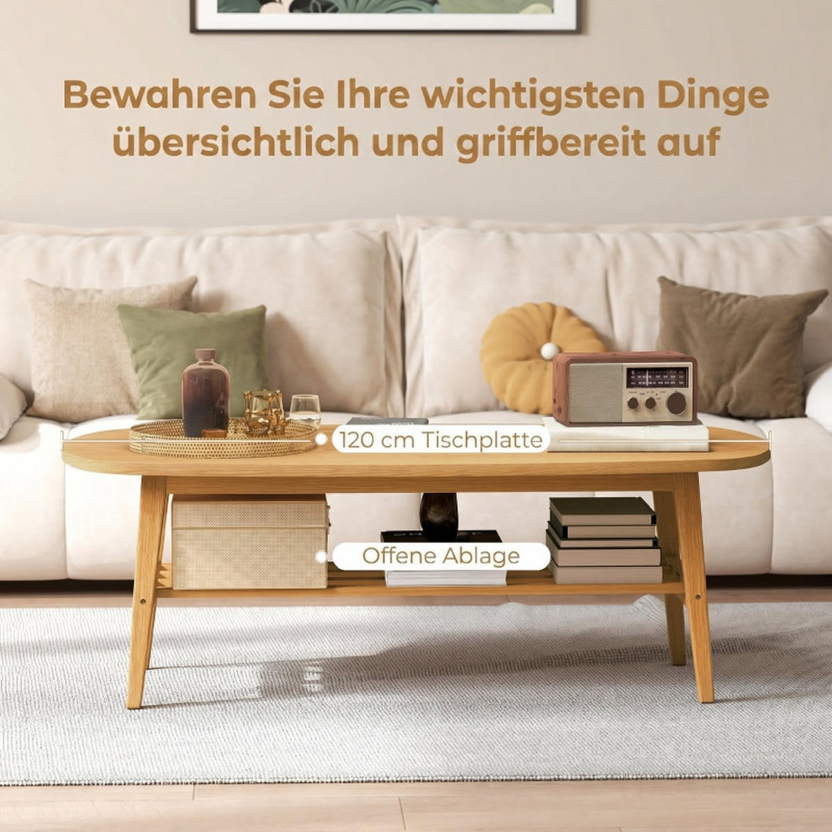 COUCHTISCH 120/60/42 cm mit Ablage DE-39934 Naturholz - Naturfarben, Holzwerkstoff (60/120/42cm) - ComfortXL