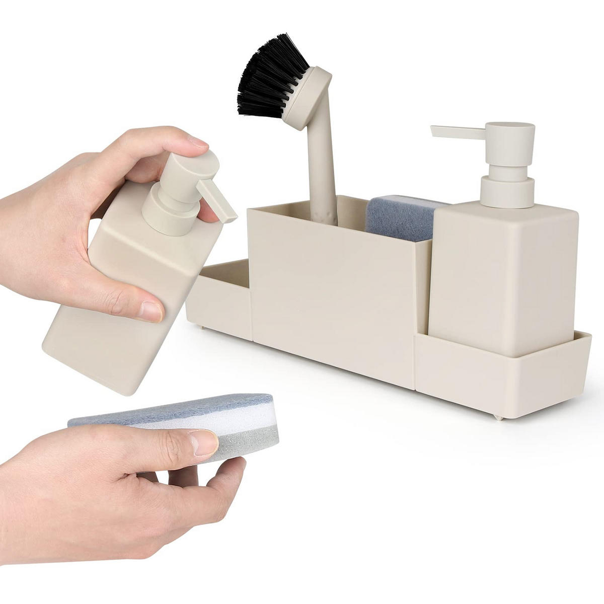 SINK ORGANIZER Kunststoff Seifenspender mit Schwammhalter Schwämme Ablage - Ecru, Kunststoff (30.9/10/9.3cm)