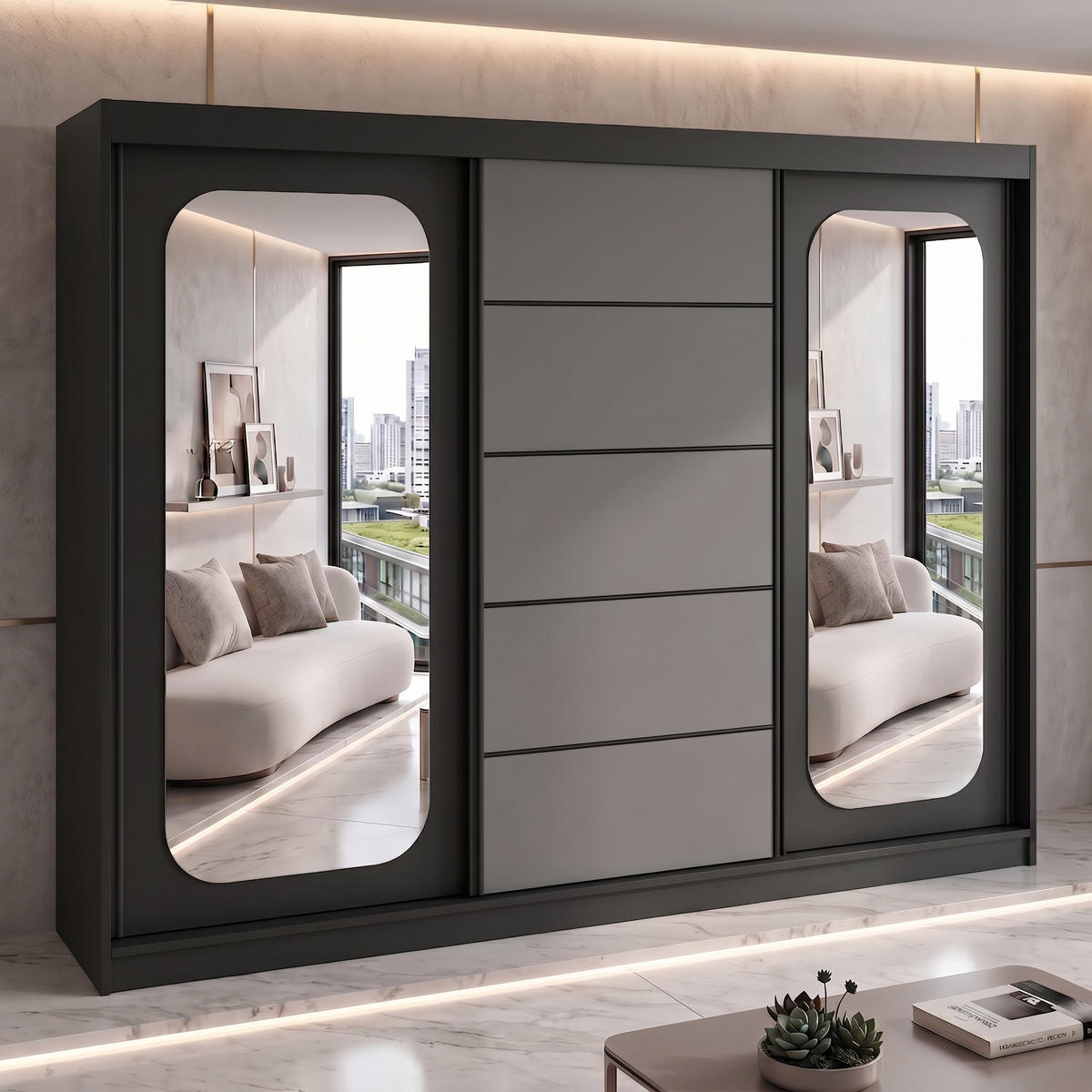 SCHWEBETÜRENSCHRANK BELANO 200 cm. Innenausstattung: Comfort plus - Schwarz/Graphitfarben, Holzwerkstoff (200/215/59.5cm) - A&J MöbelLand