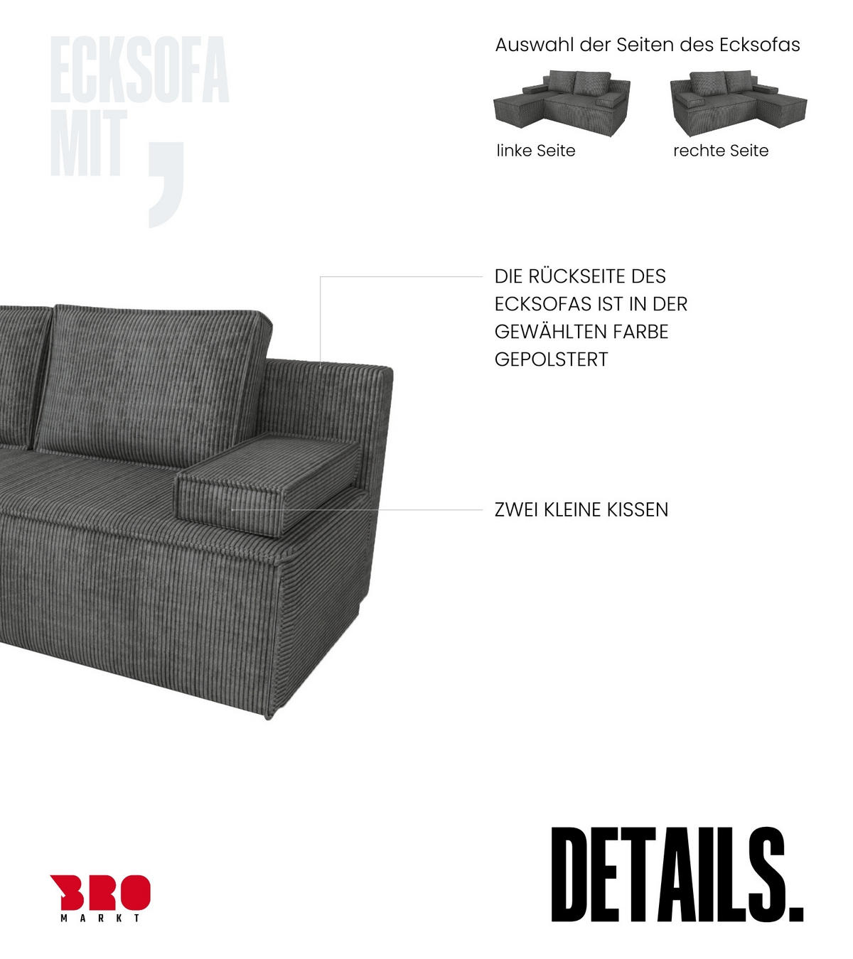 ECKSOFA Caspar mit Schlaffunktion Grau Cord - Dunkelgrau, Textil (200/141cm) - Bromarkt