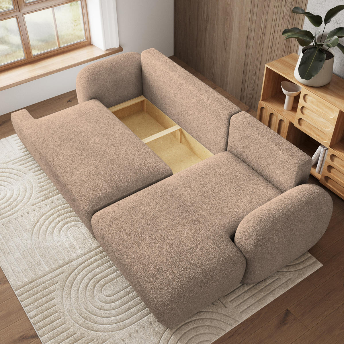 ECKSOFA MODENZA N R-S Beige Boucle-Stoff mit Schlaffunktion - Beige, Holz (266/148cm) - MASSENO