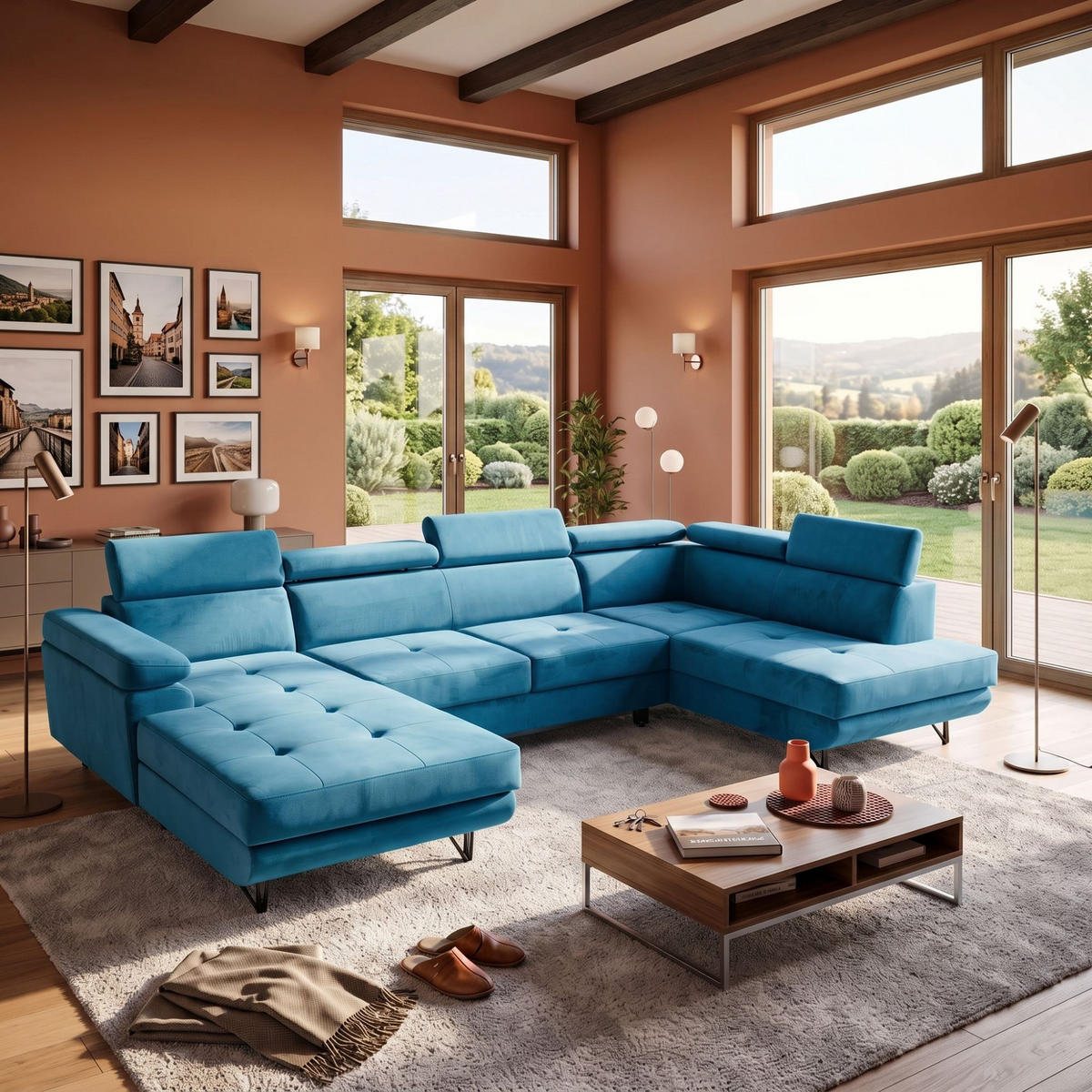 ECKSOFA U-Form JUNIOR U Rechts mit Schlaffunktion 128x254 Velours Smaragdgrün - Smaragdgrün/Schwarz, Holz/Textil (184/90/323cm) - Muffo