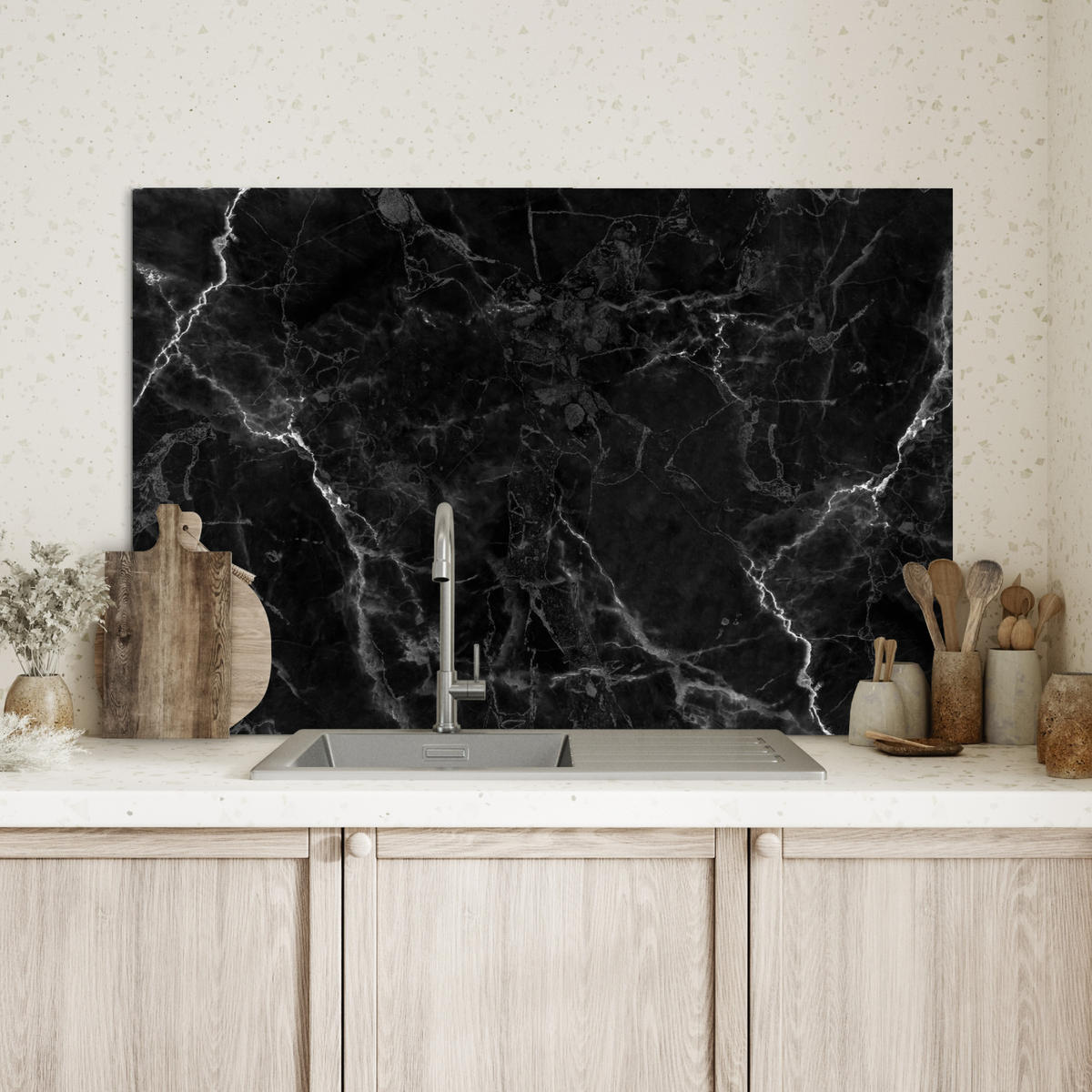 SPRITZSCHUTZ KÜCHE Marmor - Schwarz - Weiß - Textur - Marmoroptik 80x55 cm - Silberfarben, Metall (80/0.3/55cm) - MuchoWow