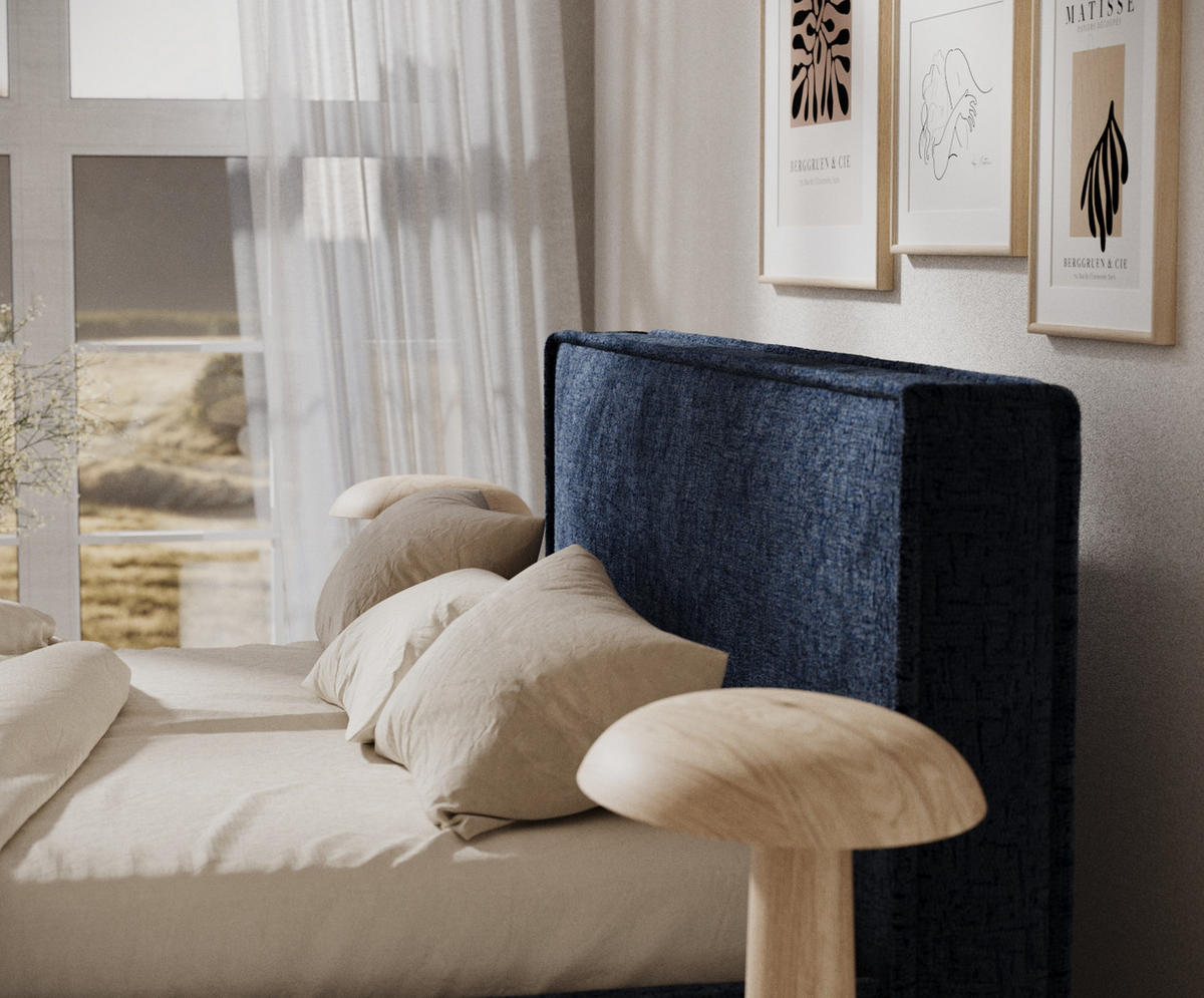 POLSTERBETT Lounge Marineblau 160/200 cm im Chenille-Stoff - Naturfarben/Dunkelblau, Holz/Holzwerkstoff (160/200cm) - Maison de Reve