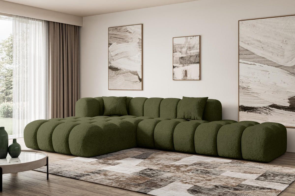 ECKSOFA Ottomane Links OLEA-L2 - 289x176x71 cm Grün Bouclé - Schwarz/Grün, Holzwerkstoff/Kunststoff (190/309cm) - ALTDECOR