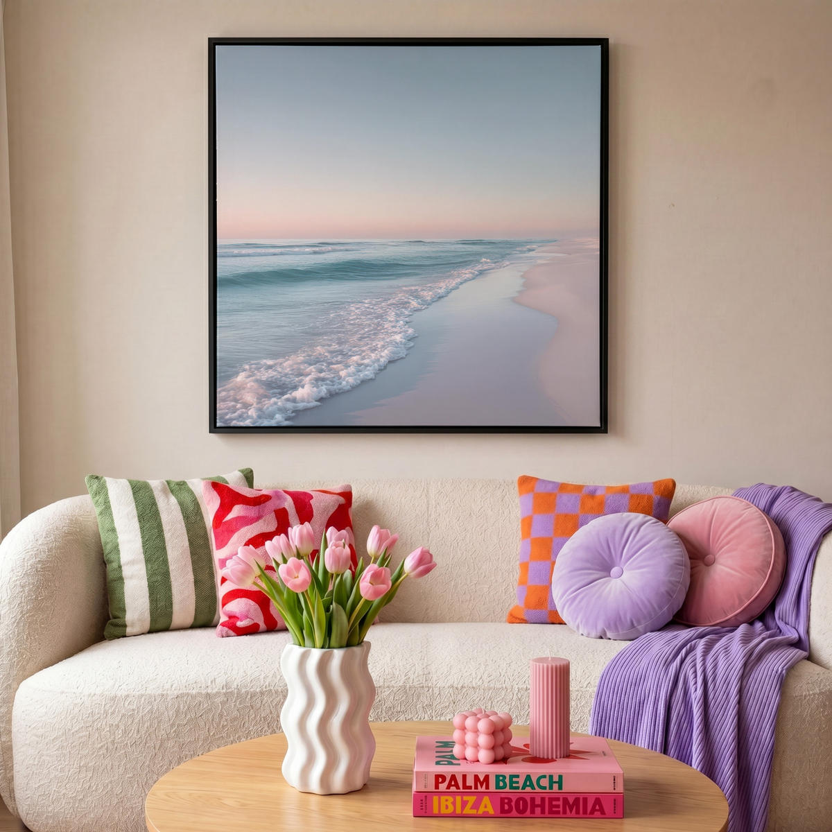 LEINWAND Bilder mit Rahmen - Küstenlinie - Pastell - Wasser - 90x90 - Pastellblau, Textil (90/90cm) - MuchoWow