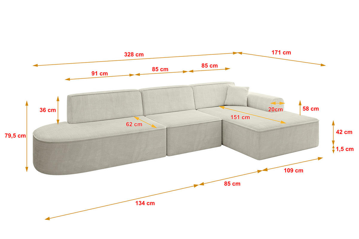 ECKSOFA Ottomane Rechts IREA-L2-v3 - 328x171x79 cm Hellgrau - Ecru, Holzwerkstoff/Textil (171/328cm) - ALTDECOR