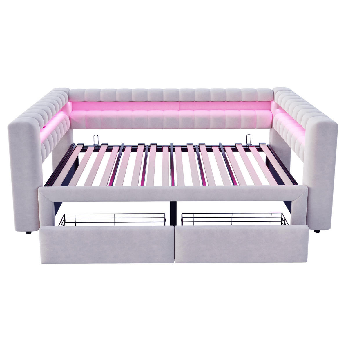 ČALOUNĚNÁ rozkládací postel 90/190 cm s přistýlkou, zásuvkami, LED, USB a úložným prostorem, samet, Světle šedá - světle šedá, textil (90/190cm) - Redom
